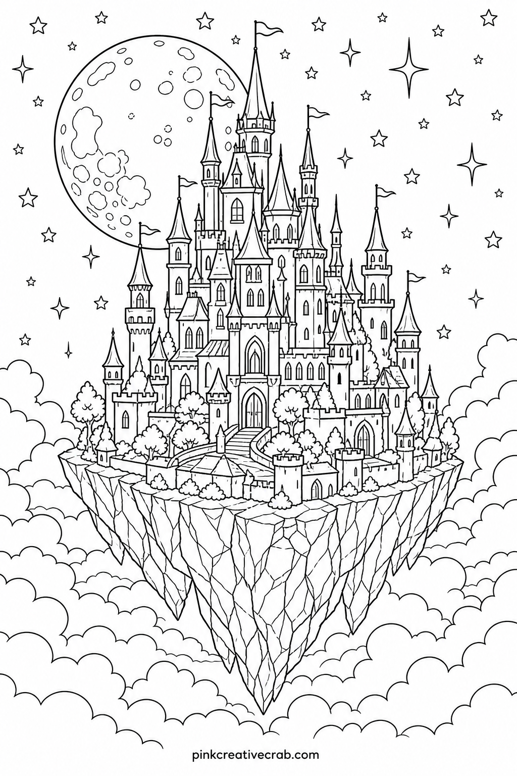 Moonlit Castle Above the Clouds printable page — Suits an adult reader who wants a calmer, slower page after the busier dragon and fairy scenes, since the open
