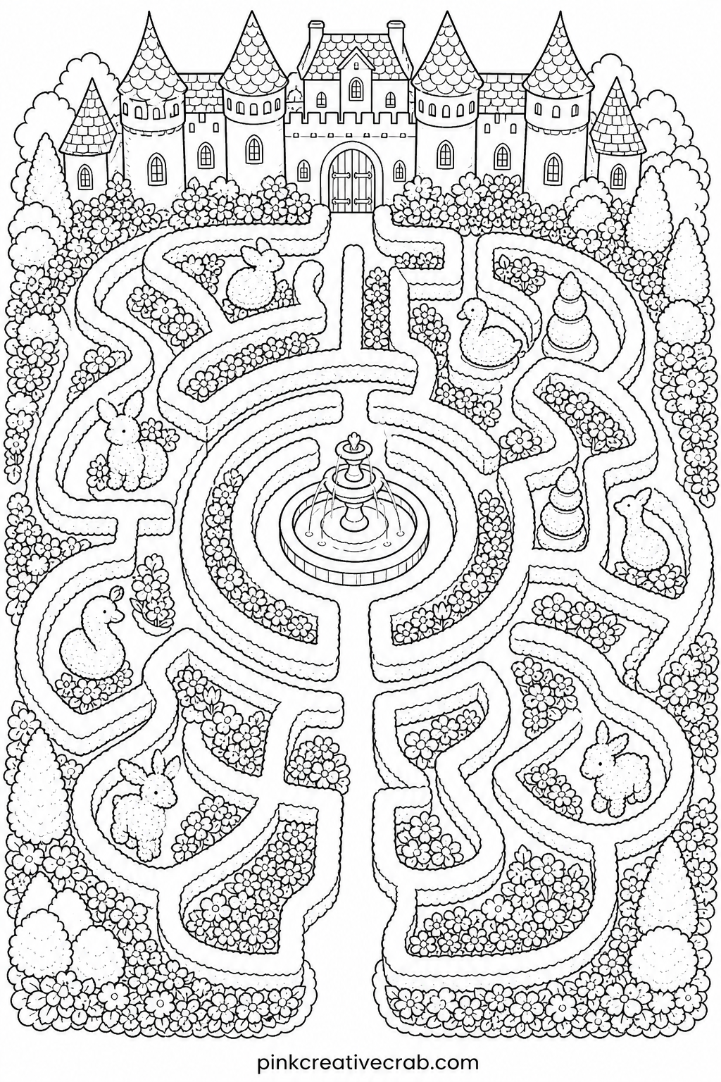 Castle Garden Maze printable page — Outline the hedge maze paths first in a single pale color so you can still see where each corridor leads once the