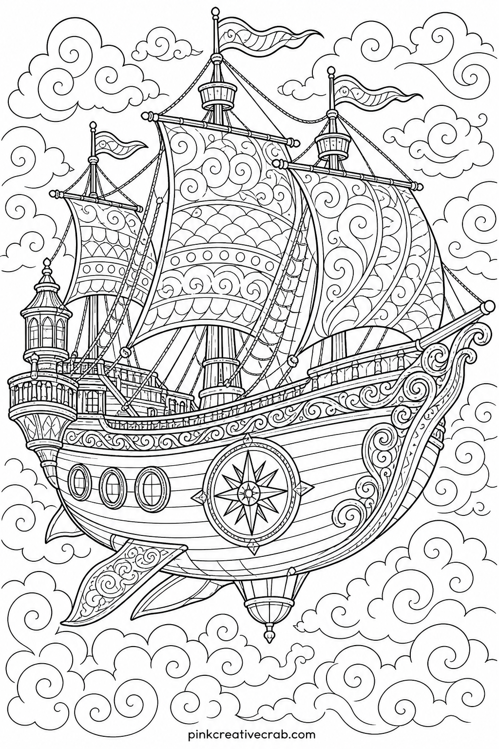 Flying Ship Among Clouds printable page — Ten minutes is enough for the sails and the near side of the hull, so if time is short, color only the ship itself