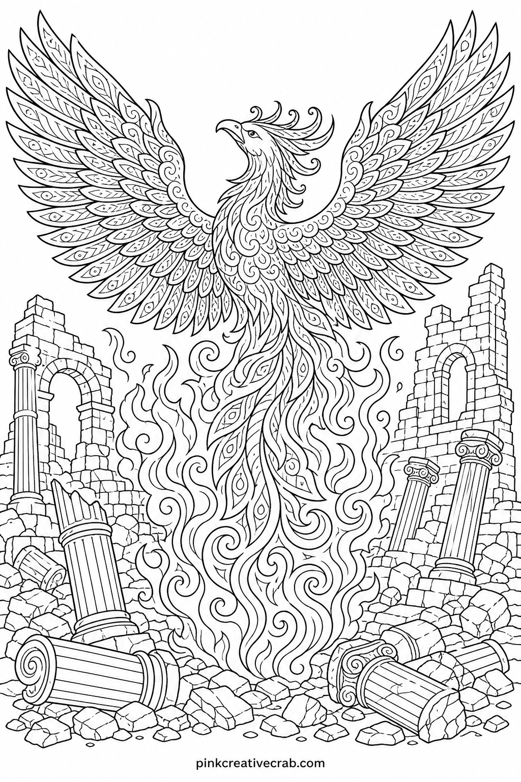 Phoenix Rising Over Ruins printable page — Pairs naturally with the moonlit castle page, since both use a wide sky as their background and colored side by side