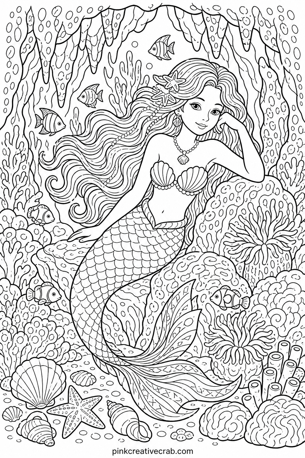 Mermaid in a Coral Cave printable page — Ask a child coloring alongside you what color she thinks the mermaid's tail should be if it lived in the deepest