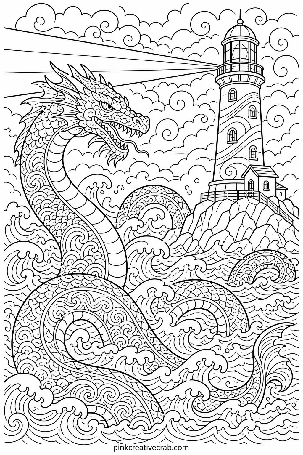 Sea Serpent and Lighthouse printable page — Fine liner pens handle the serpent's scales better than thick markers, since the small pattern needs a point narrow