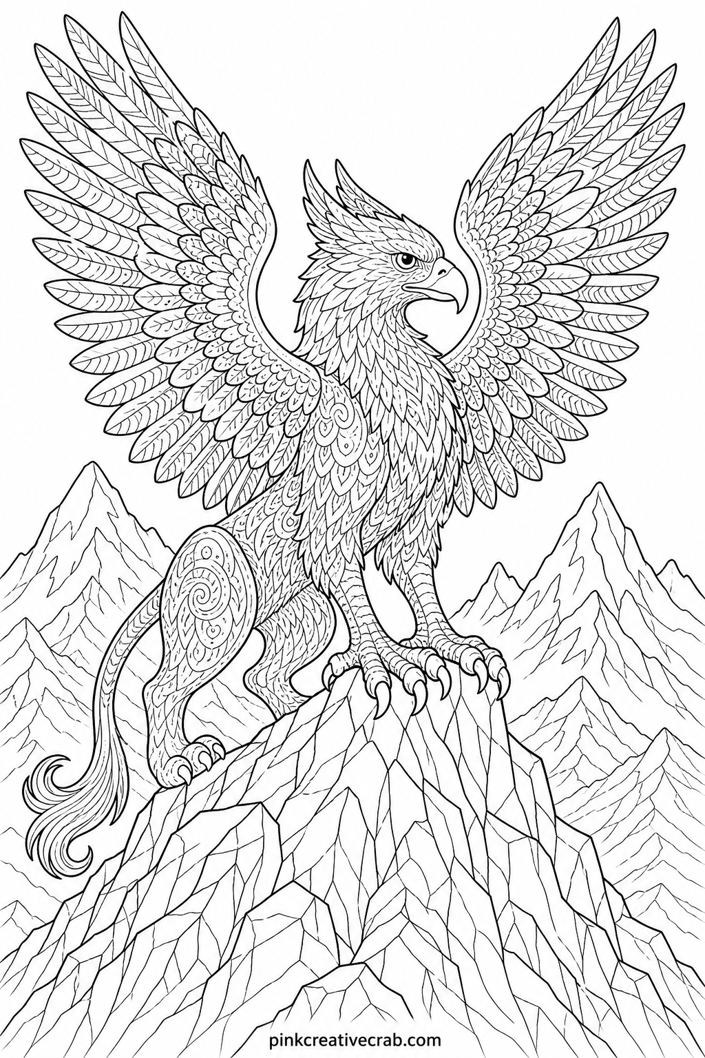 Griffin on a Mountain Peak printable page — Standing alone on a cliff edge with wings spread wide against a backdrop of distant peaks, this griffin gives a