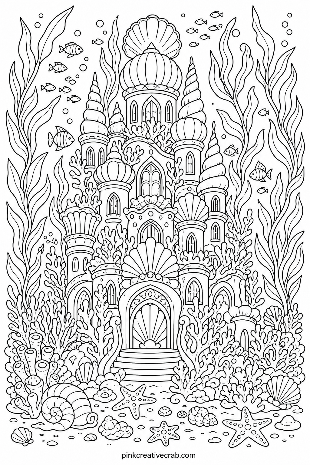 Underwater Palace of Kelp printable page — Pair this with the coral cave mermaid page, since the two share an underwater world and look striking framed