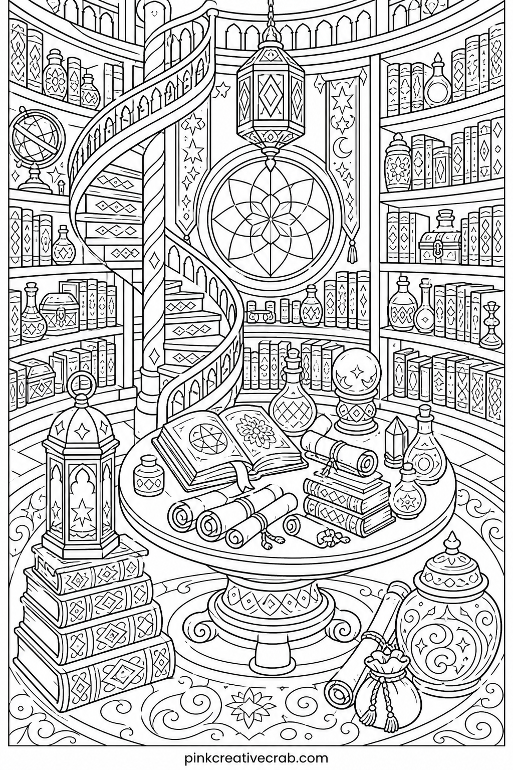 Wizard's Tower Library printable page — Closes out the set with floor to ceiling bookshelves, a spiral staircase and a window looking out over distant