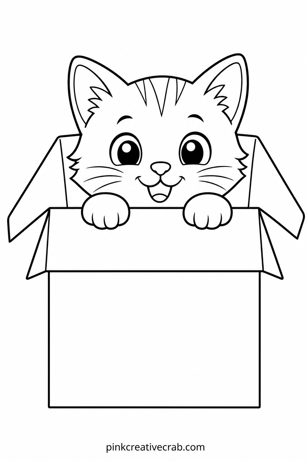 Kitten In A Cardboard Box printable page — Suits a child who wants an easy win fast, since the box itself is just a few straight lines and the kitten's face is