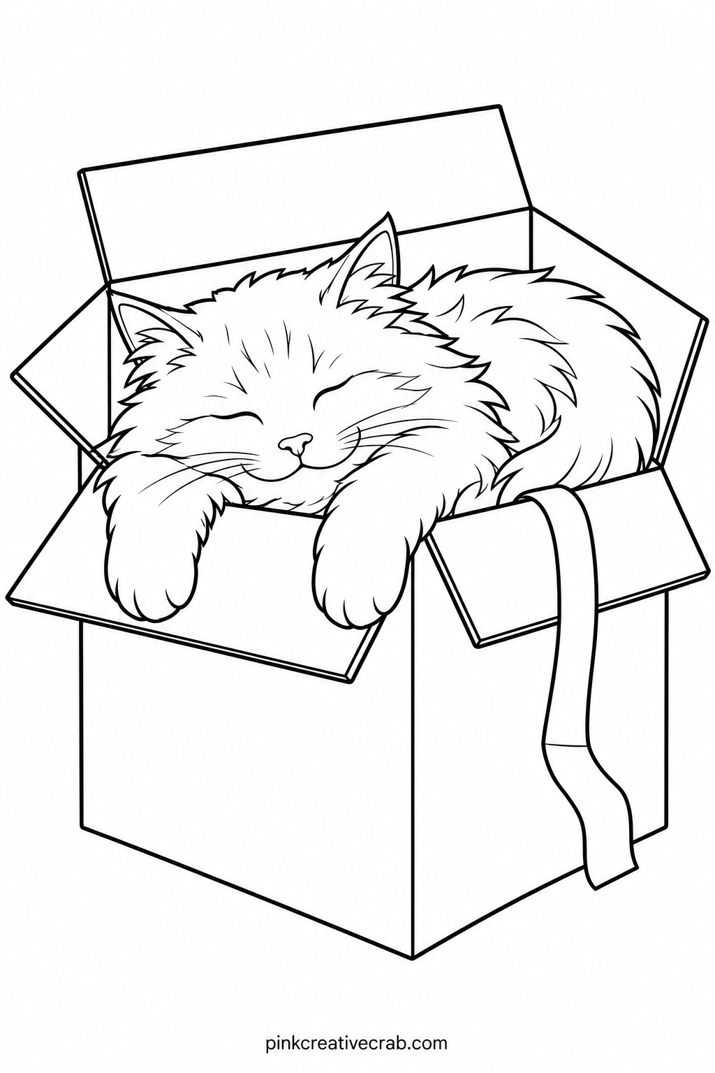 Cat Napping In A Moving Box printable page — This one pairs naturally with the kitten in the cardboard box page above, since both sheets share the same prop