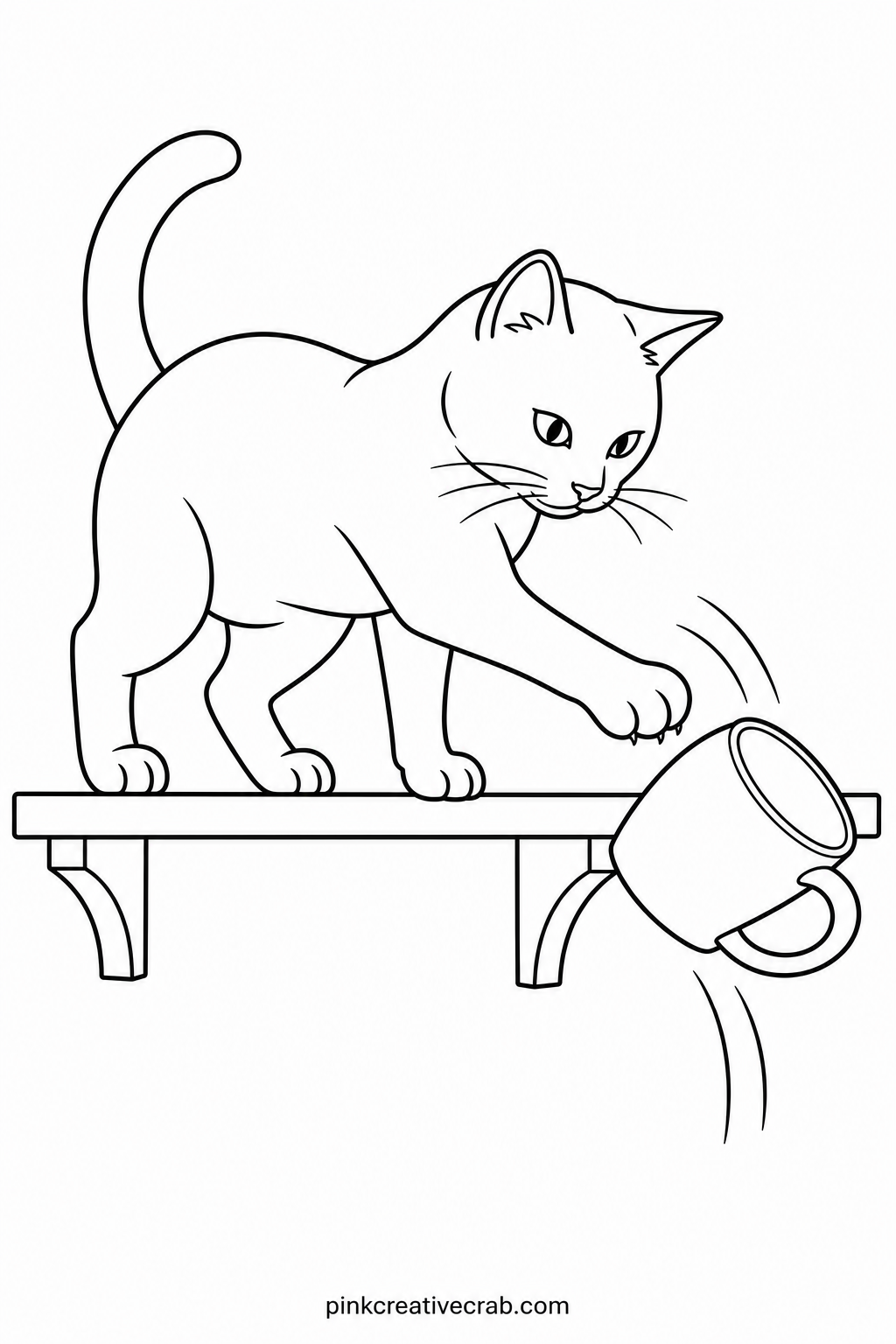 Cat Knocking A Mug Off A Shelf printable page — The usual mistake here is coloring the mug and the cat in similar shades so the eye cannot tell what is