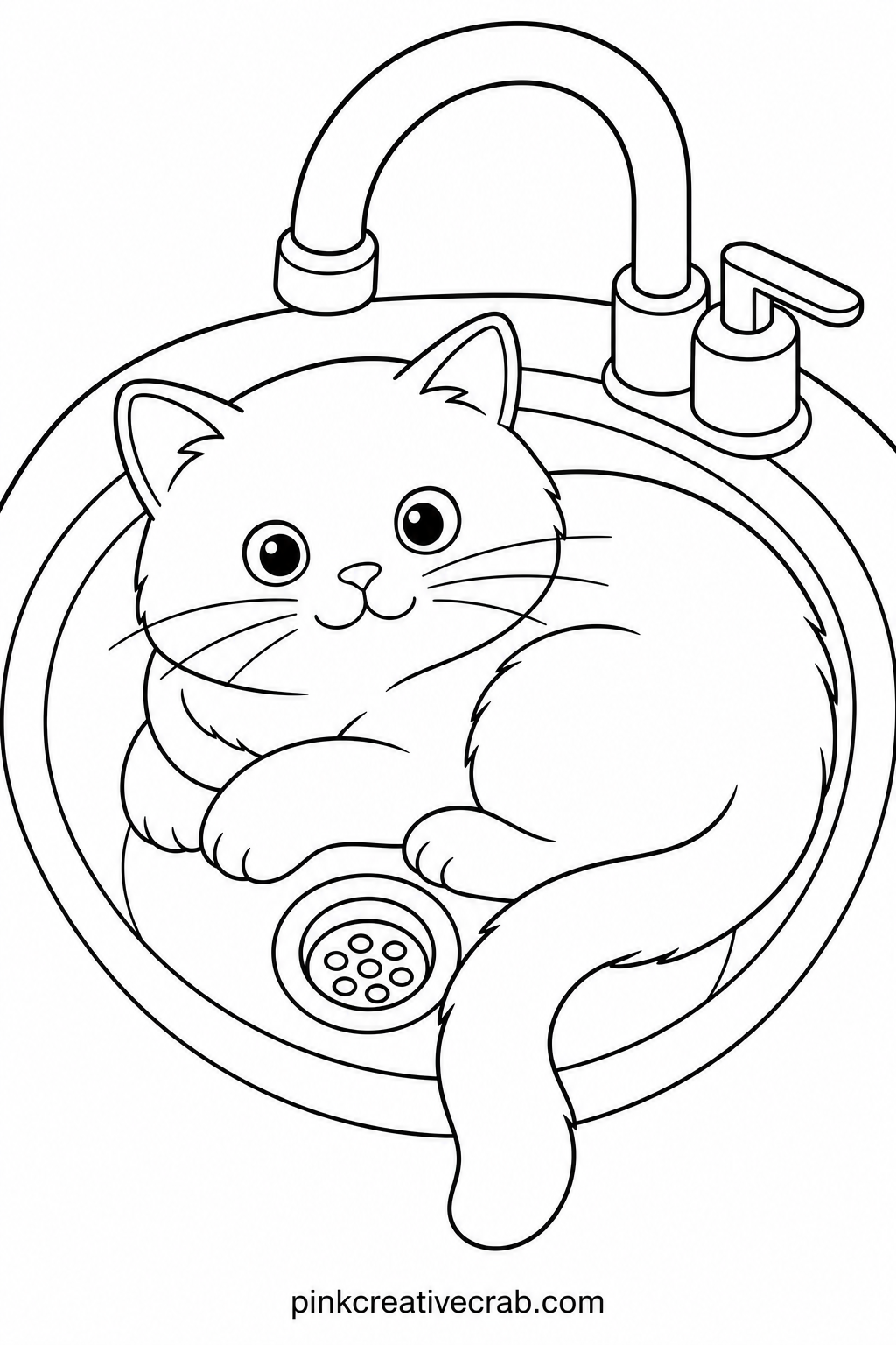 Cat Sitting In The Sink printable page — Give this one about ten minutes: a quick wash of blue or grey for the sink basin, a single warm color for the cat, and