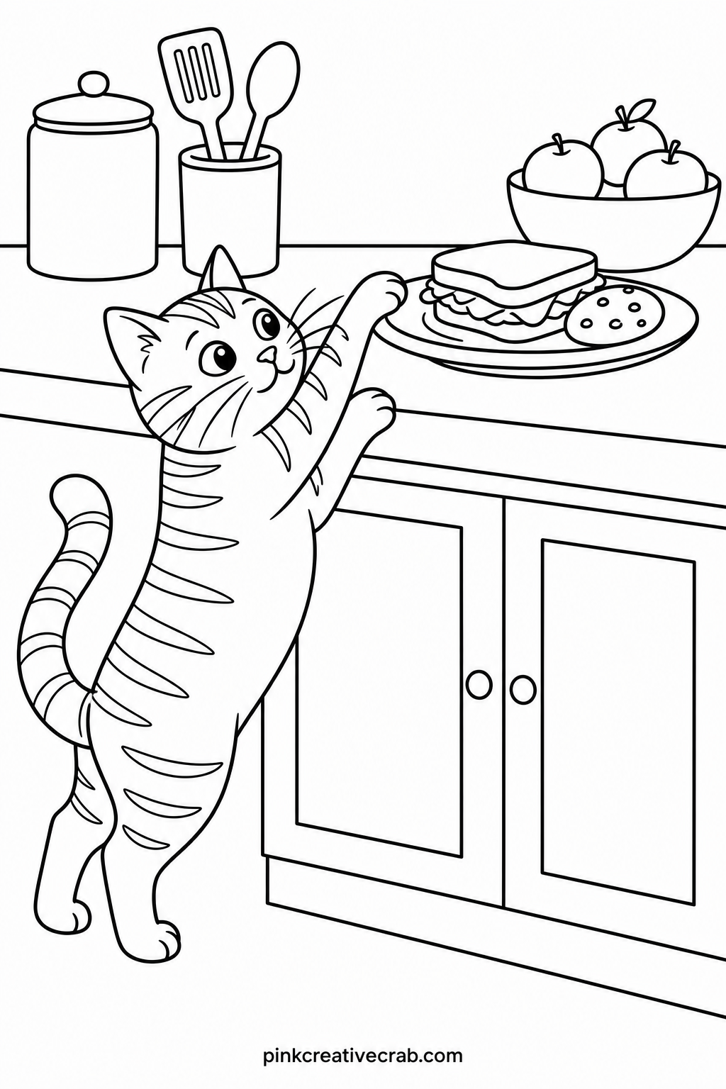 Cat Stealing Food Off A Counter printable page — Works well for a cat lover who grew up with a food thief of her own, since the scene asks for a knowing laugh