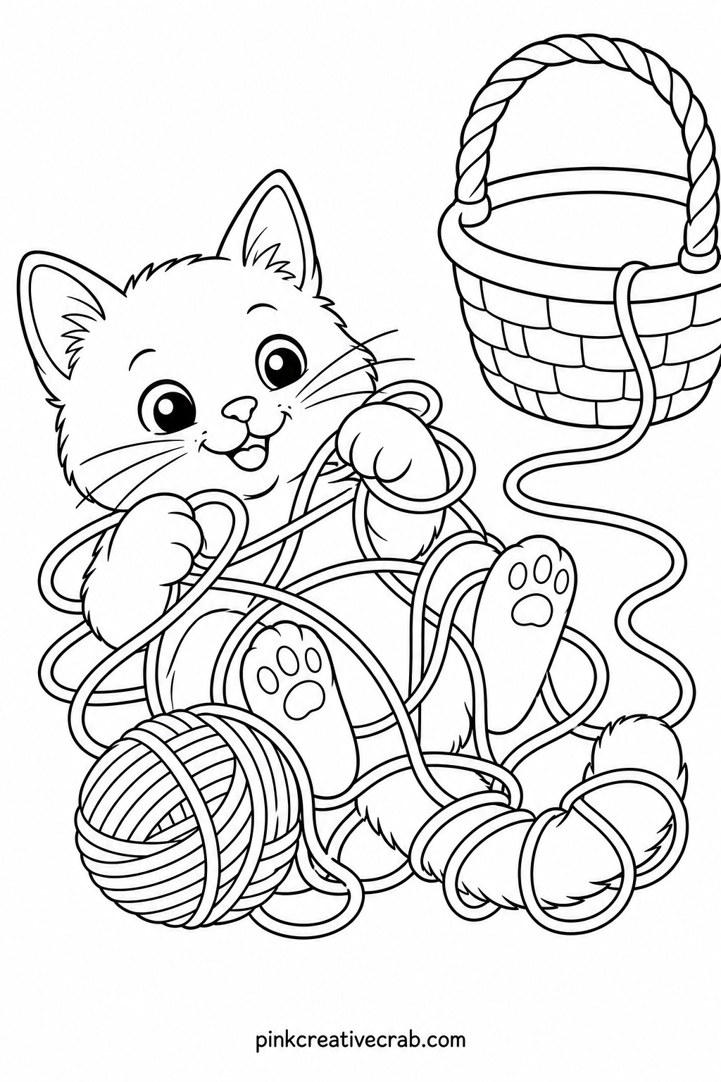 Kitten Tangled In A Ball Of Yarn printable page — Color the yarn strands first in one bold color before touching the kitten, since the lines cross and loop