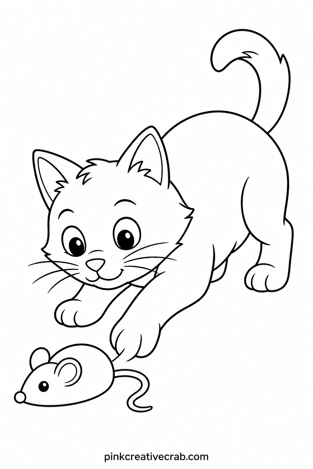 Cat Batting A Toy Mouse printable page — Ask a child coloring this page what she thinks the toy mouse smells like to a cat, or whether the cat is winning or