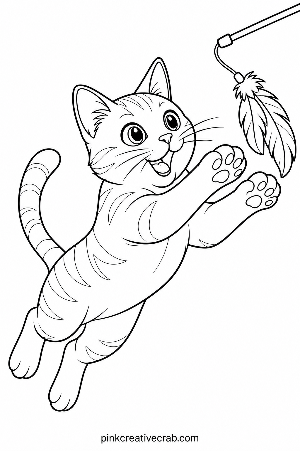 Cat Chasing A Feather Toy printable page — This page suits a reader with a steady hand and a little patience, since the feather toy has several thin