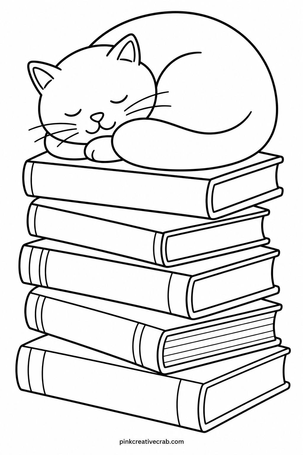 Cat Asleep On A Stack Of Books printable page — A gel pen works well on the spines of the books for tiny title marks, while a broad colored pencil suits the