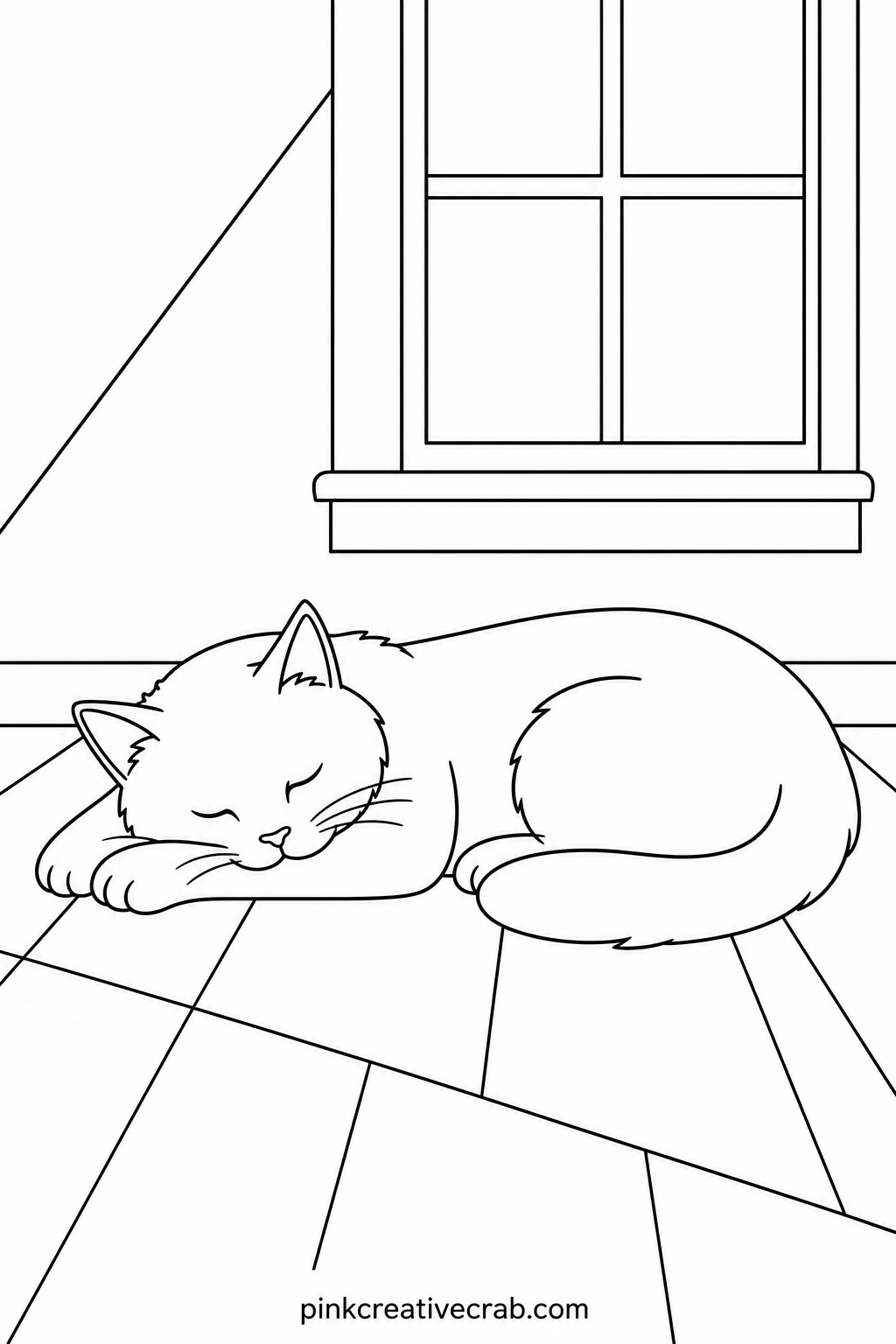 Cat Curled In A Sunbeam printable page — Leave the sunbeam itself uncolored, just a plain shape of white paper cutting across the floor, and let every other