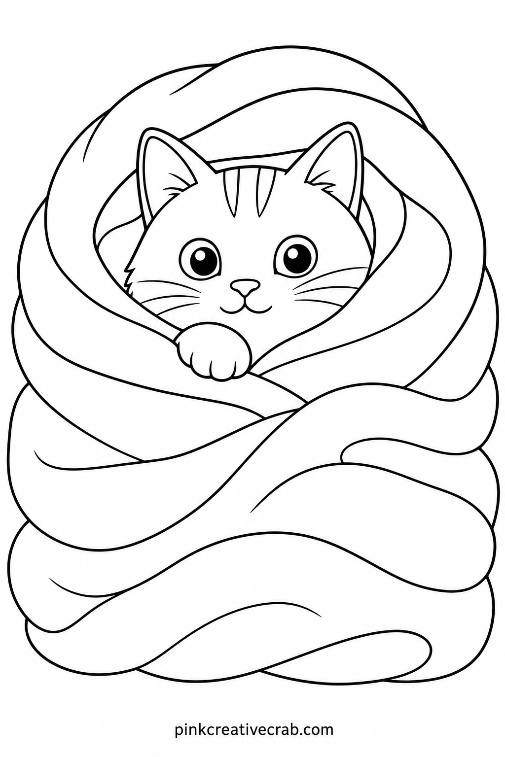 Cat Wrapped In A Blanket printable page — Only the cat's face and one paw peek out from a thick folded blanket, so most of the page is soft fabric folds that a
