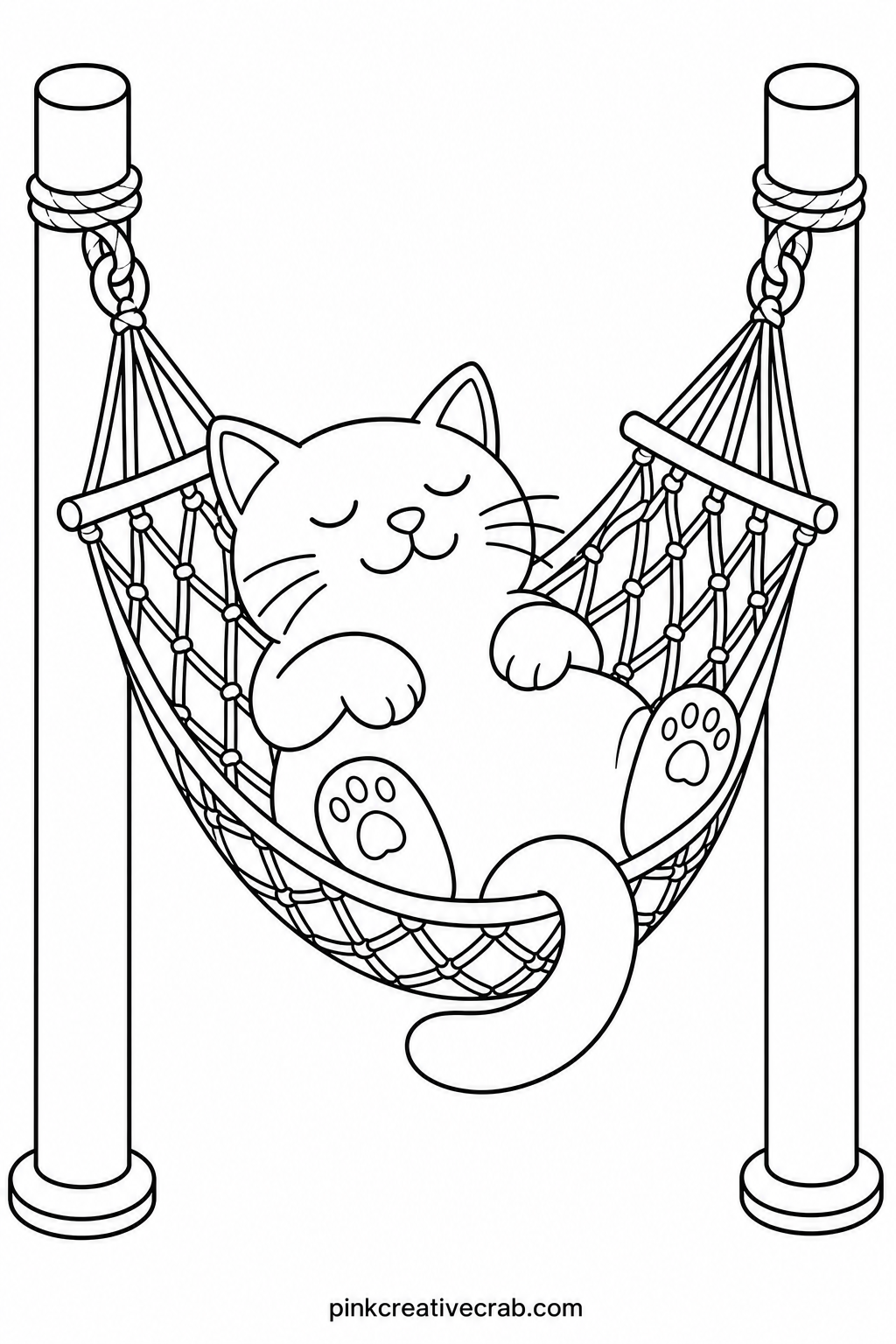Cat Napping In A Hammock printable page — Pair this page with the cat curled in a sunbeam for a short run of calm, quiet sheets if the coloring session is