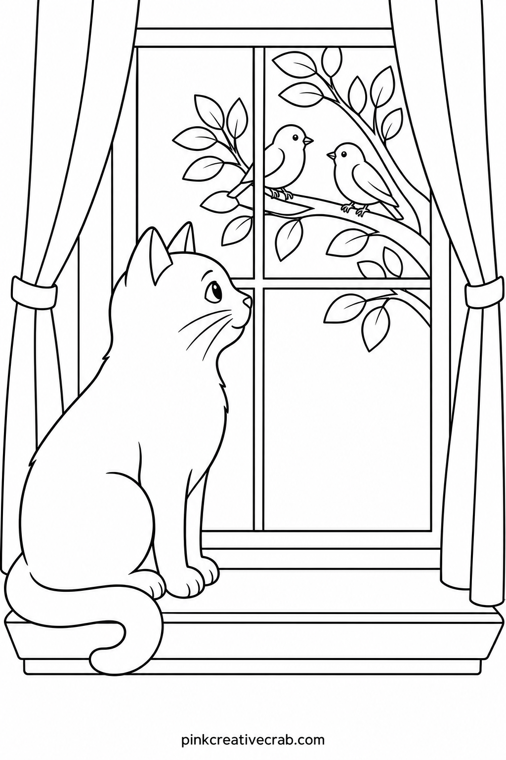 Cat Watching Birds Through A Window printable page — Start coloring at the window frame and work outward, since it anchors the whole page, then move to the