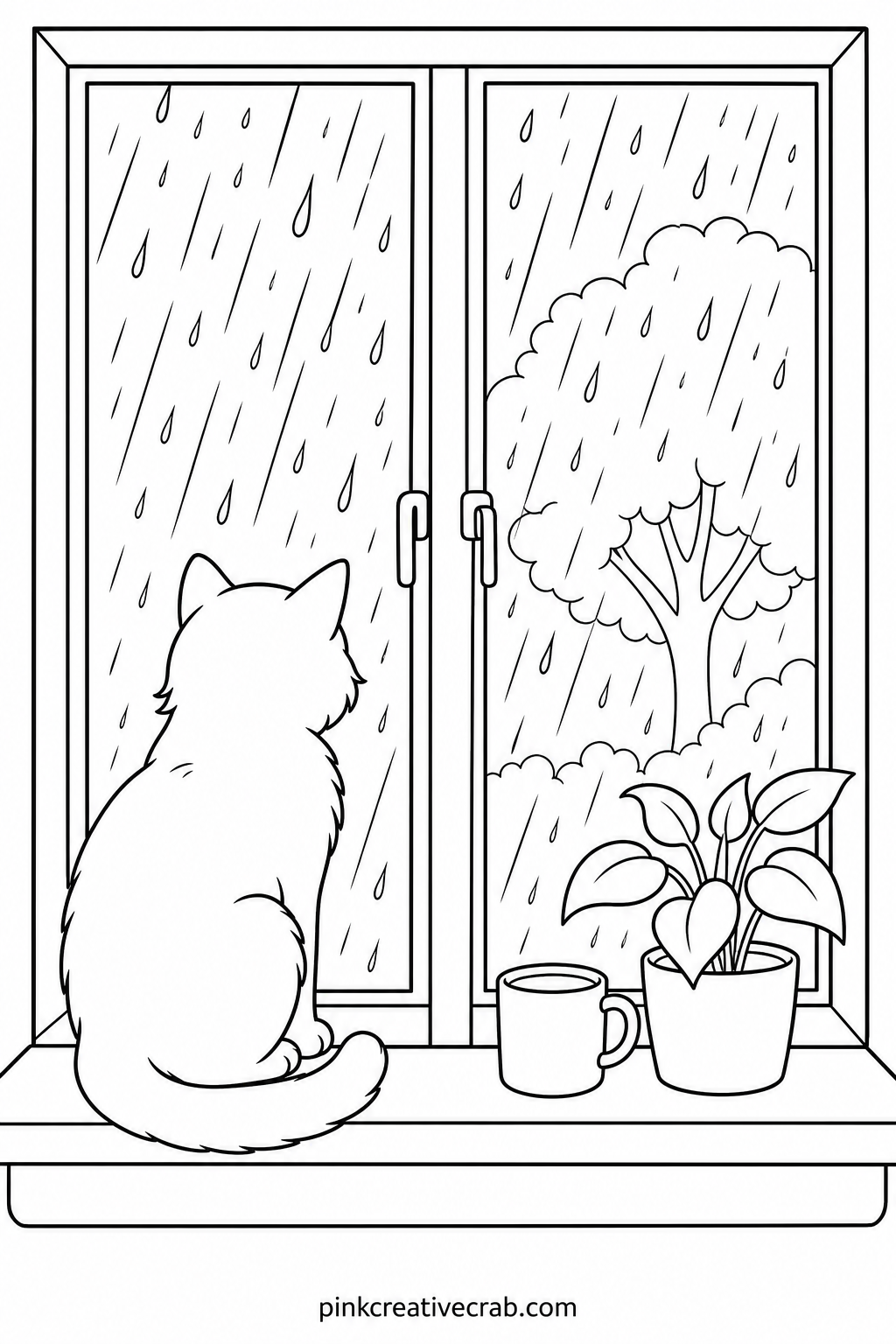 Cat On A Windowsill In The Rain printable page — This suits an older child or an adult who likes a quieter subject, since the rain lines running down the glass