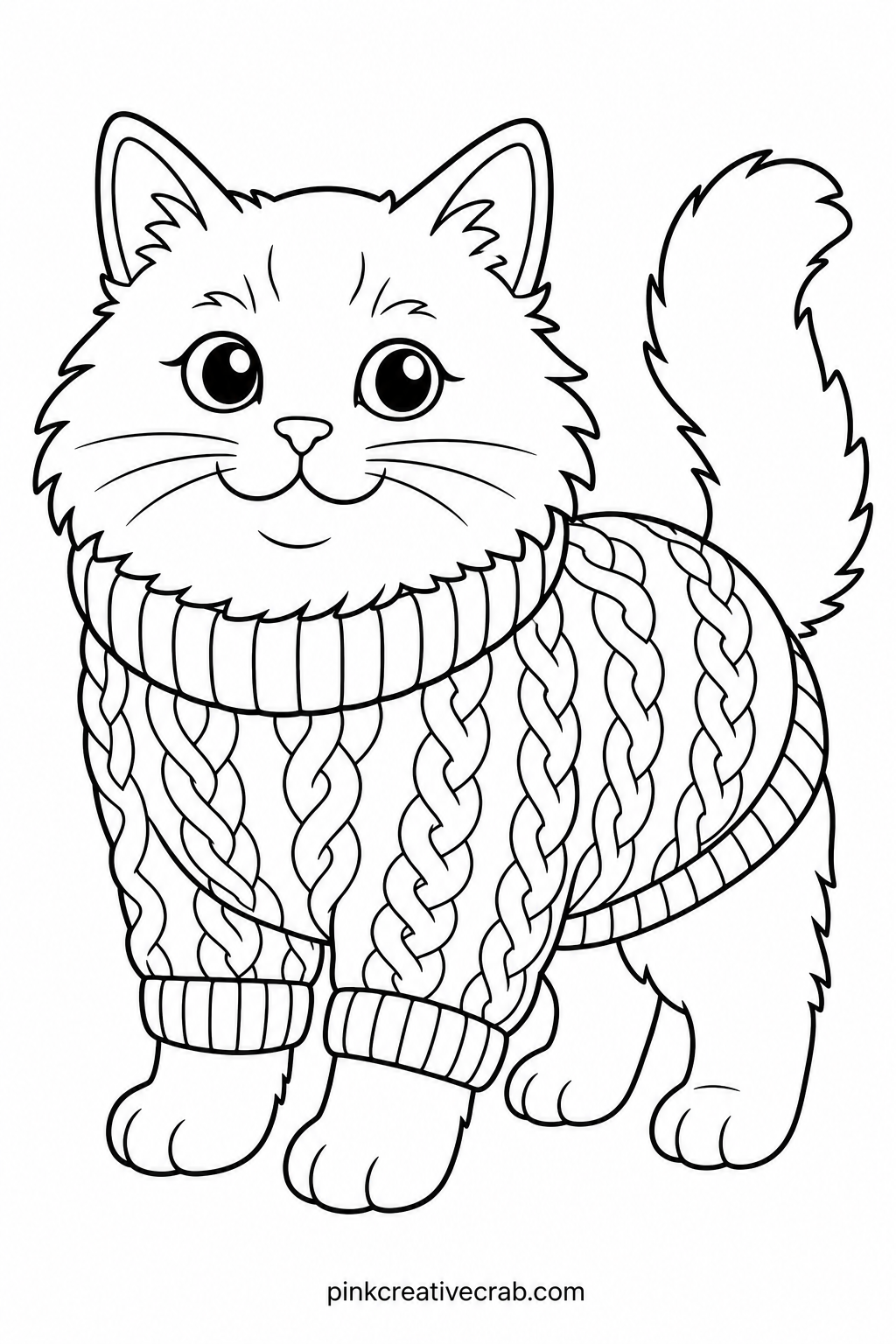 Cat Wearing A Knit Sweater printable page — Once colored, this page makes a simple gift tag or a small card front for a cat loving friend, especially if