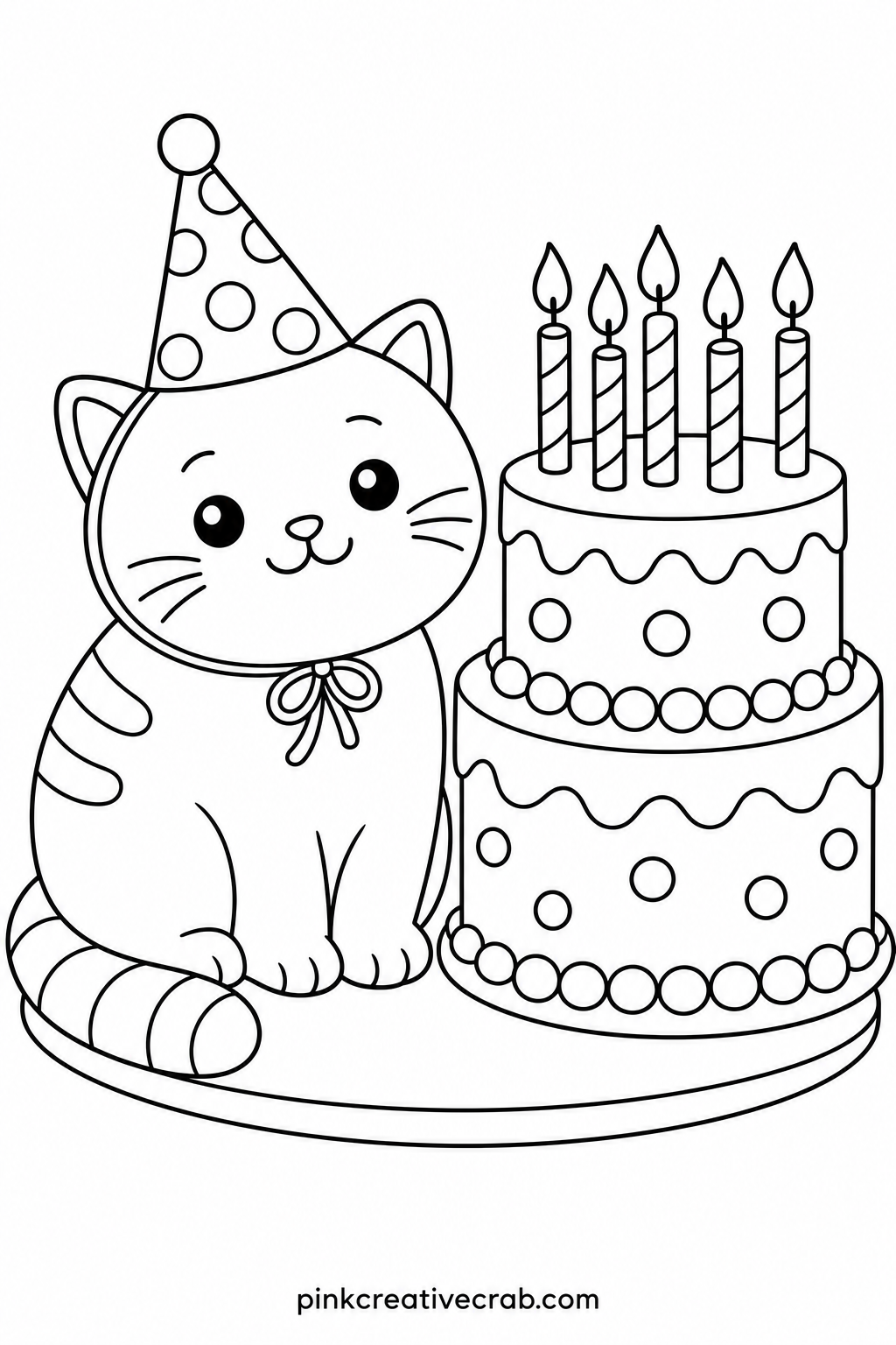 Cat In A Party Hat On A Cake printable page — A small child can keep this one simple with flat bold colors on the hat and the cake, while an adult coloring the