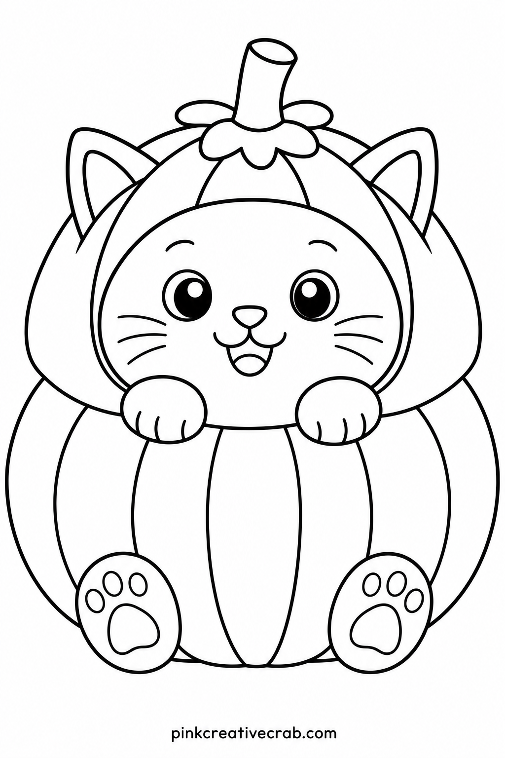 Cat Dressed As A Pumpkin printable page — One sentence covers the usual slip here: coloring the pumpkin costume the exact same orange as a plain jack o