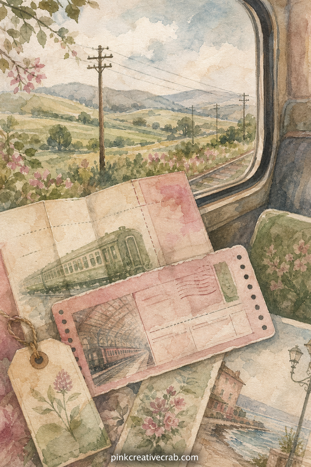 Train Ticket Spread printable page — Rail travel gets its own page: a folded paper ticket, a stamped boarding pass and a strip of landscape glimpsed through a