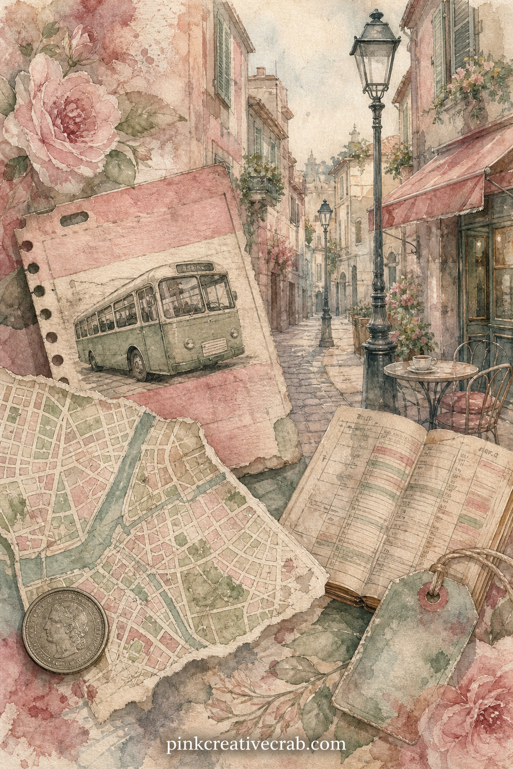 Bus Ticket and City Map printable page — a worn bus ticket, a torn corner of a city map and a small coin sit over a painted cobbled street, enough detail for