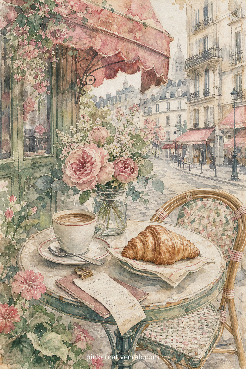 Parisian Cafe Table printable page — The usual mistake on a cafe page is cramming in every napkin and sugar packet from the trip. Travel junk journal
