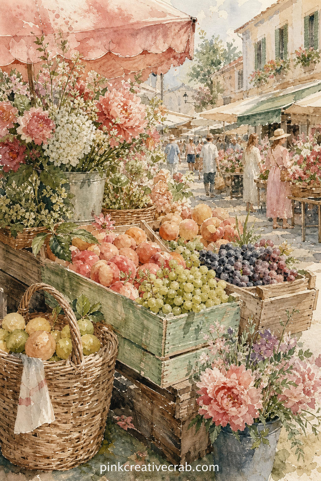 Market Stall of Fruit and Flowers printable page — stacked crates of fruit, a bunch of tied flowers and a hand written chalkboard price sign fill this stall