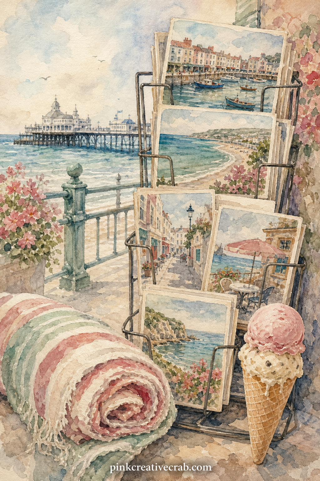 Seaside Town Postcard Rack printable page — a wire postcard rack filled with painted cards, a striped beach towel and a small ice cream cone sit along a sunny