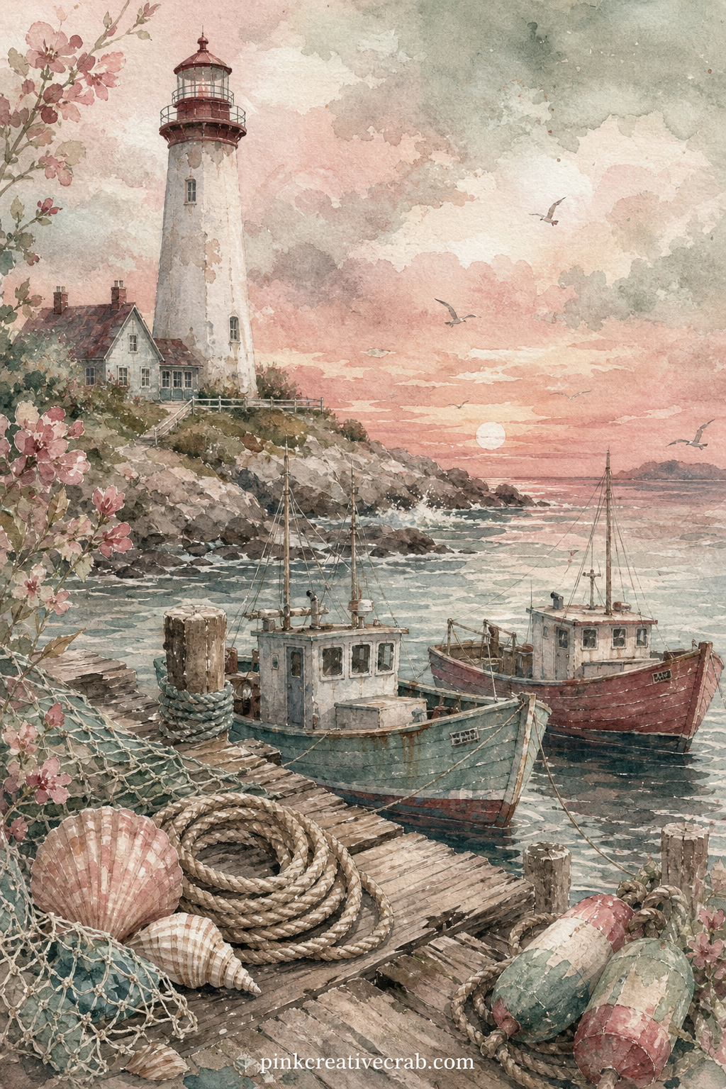 Lighthouse and Fishing Boats printable page — Good for the journal keeper in the family who loves a quiet coastal evening rather than a crowded beach day.