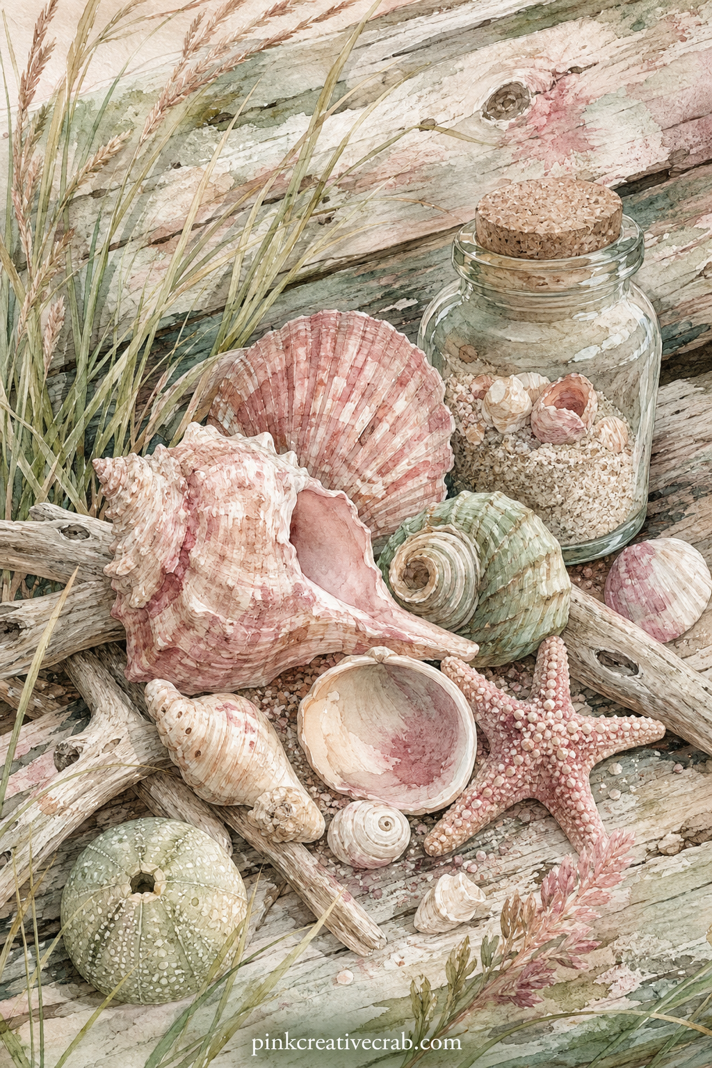 Seashell and Sand Collection printable page — a scatter of shells, a starfish and a small glass jar of sand sit on painted driftwood, a page built for the