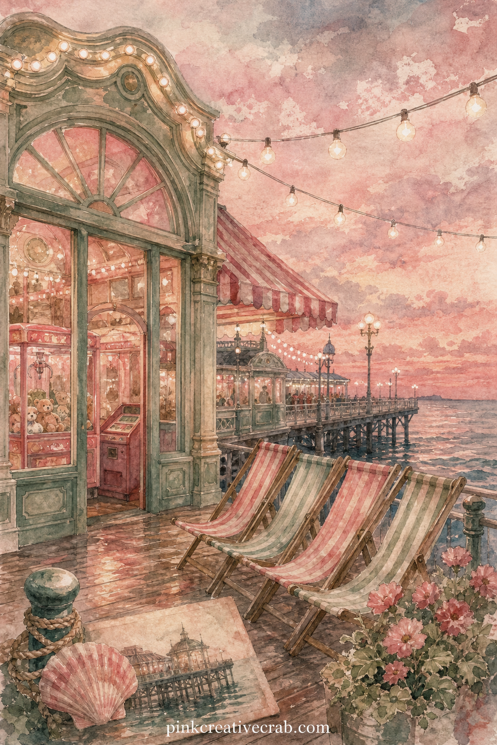 Pier Arcade Evening printable page — What question to ask yourself on this page: what sound comes back first when you think of that pier, the arcade bells or
