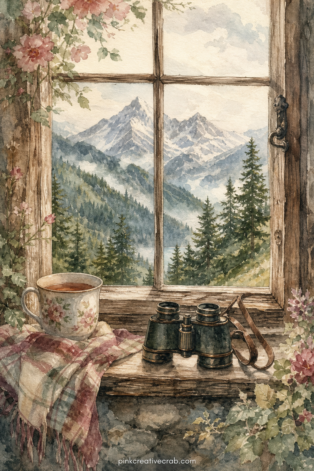 Mountain Cabin Window printable page — a wooden window frame looks out over painted pine trees and distant peaks, with a mug of tea and a pair of binoculars