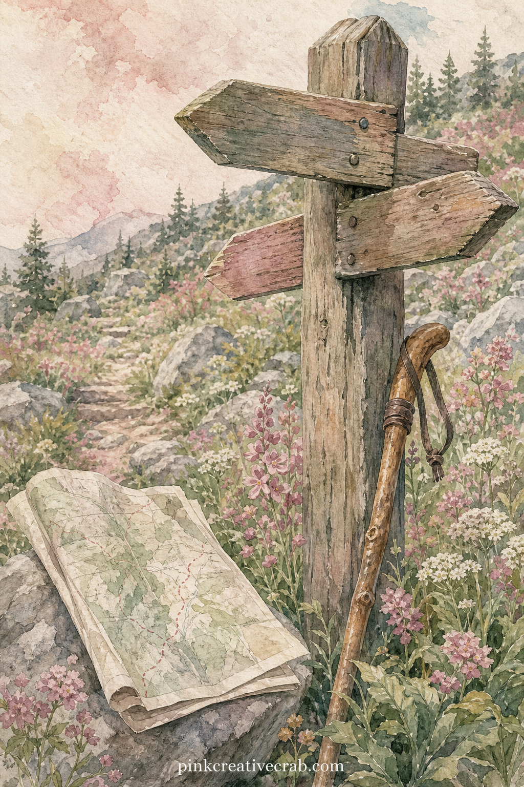Trailhead Signpost printable page — The usual mistake here is listing every trail you ever hoped to walk. Travel junk journal