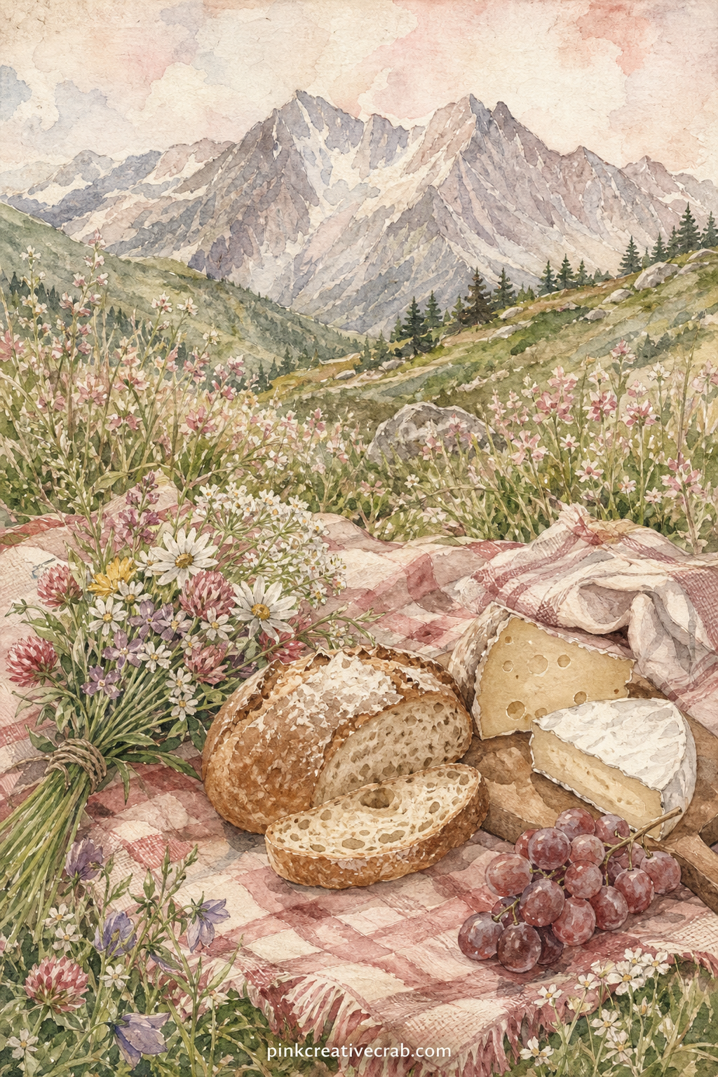 Alpine Meadow Picnic printable page — a spread picnic blanket holds a loaf of bread, a wedge of cheese and a small bunch of wildflowers, set against a painted