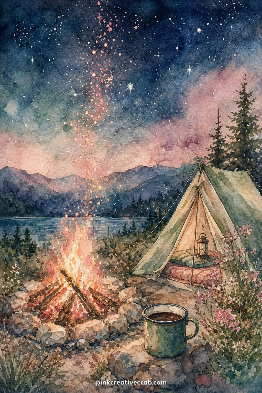 Campfire and Starry Tent printable page — Place this page across from the Night Market Lanterns page in your journal and the two warm light sources, fire and