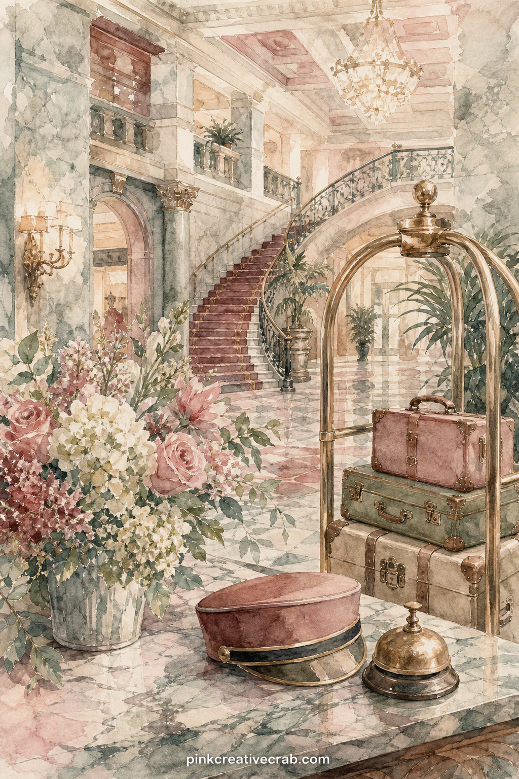 Grand Hotel Lobby printable page — a brass luggage cart, a bellhop's cap and a bouquet on the front desk sit inside a painted marble lobby with a sweeping