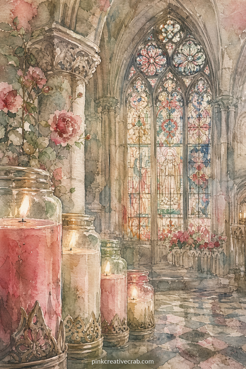 Cathedral Window and Candles printable page — Five minute version of this page: skip the candles and the floor tiles, keep only the stained glass window and