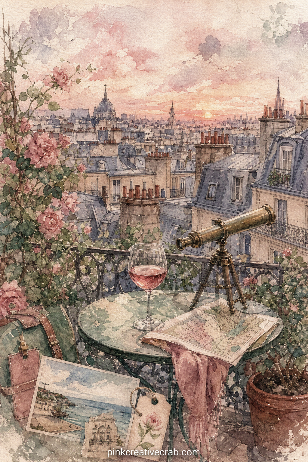 Rooftop City View printable page — a cluttered balcony table holds a glass of wine and a small telescope, looking out over a painted skyline of rooftops and