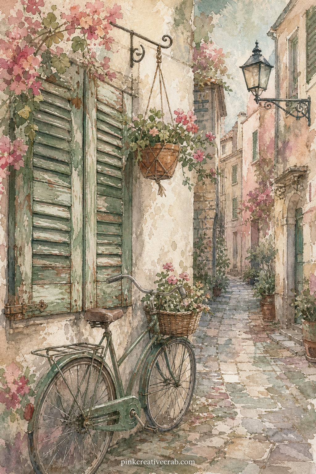 Old Town Alley Shutters printable page — See 15 Watercolor Japanese Street Scene Paintings Full of Lanterns and Cherry Blossoms for a different take on the
