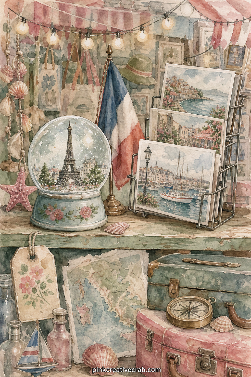 Souvenir Shop Shelf printable page — a shelf of small painted souvenirs, a snow globe, a tiny flag and a postcard stand, sits in a cramped shop front with