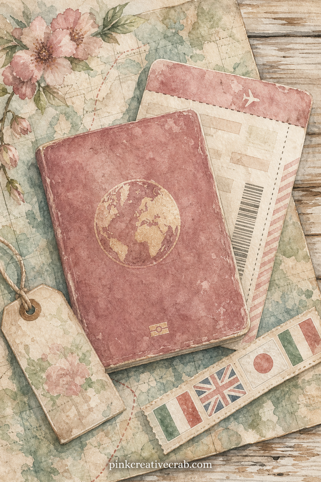 Passport and Boarding Pass Flat Lay printable page — This page is built for a window: cut a flap in the paper passport cover so it opens to reveal a boarding