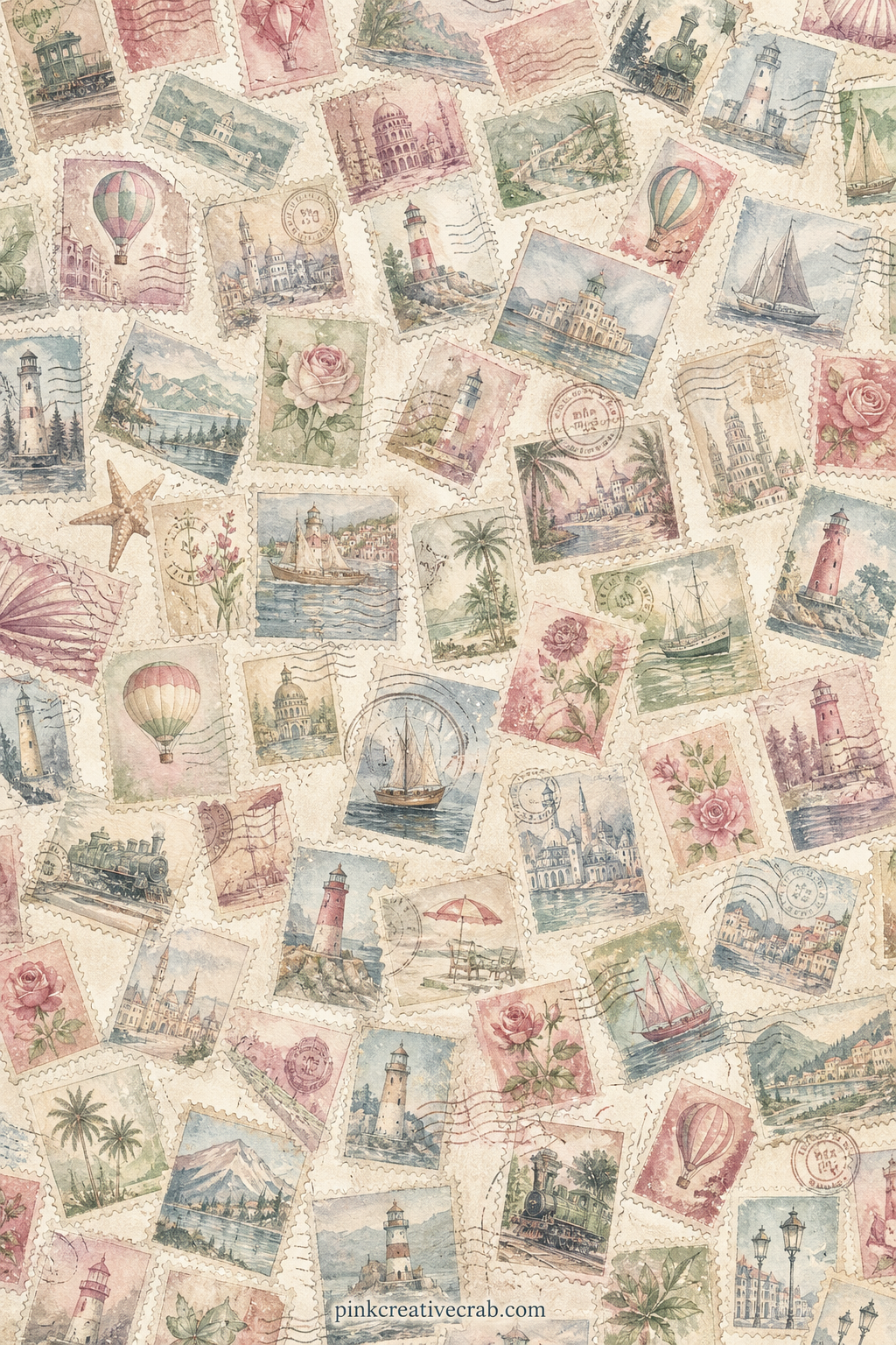 Vintage Postage Stamps Pattern printable page — Small vintage postage stamps in dusty rose and sage repeat edge to edge. Travel junk journal