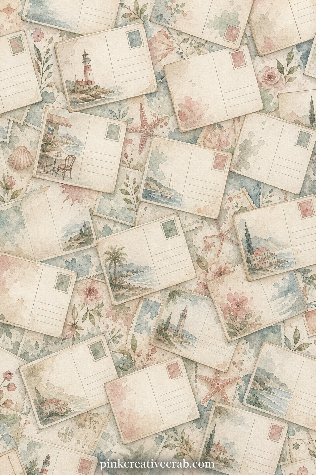 Scattered Postcards Pattern printable page — Overlapping postcard shapes scatter across the page in a loose repeat. Travel junk journal