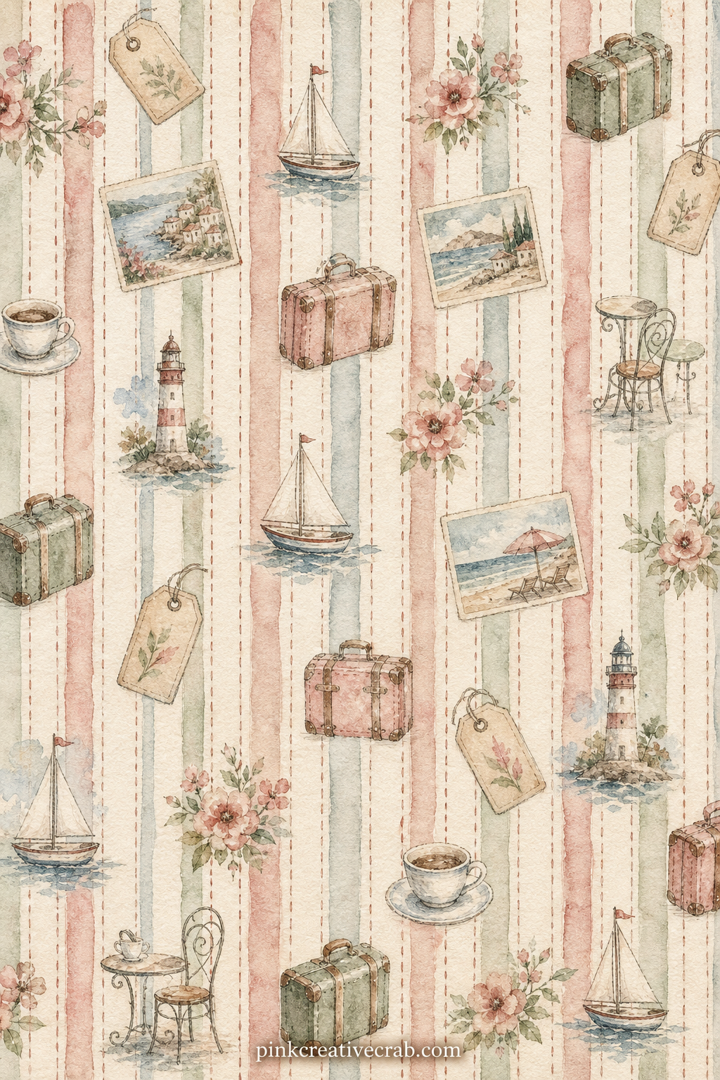 Stripes and Stitching Pattern printable page — Narrow ticking stripes run the length of the page with a thin stitched line through the centre of each band.