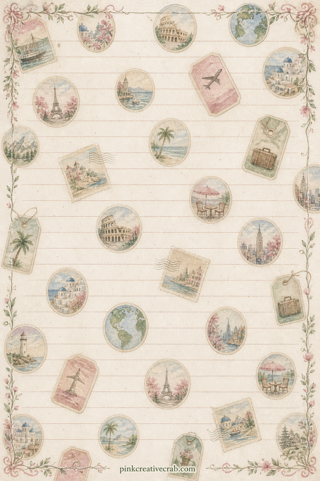 Suitcase Stickers Pattern printable page — Small round travel stickers, the kind once pasted onto steamer trunks, repeat in a loose scatter. Travel junk journal
