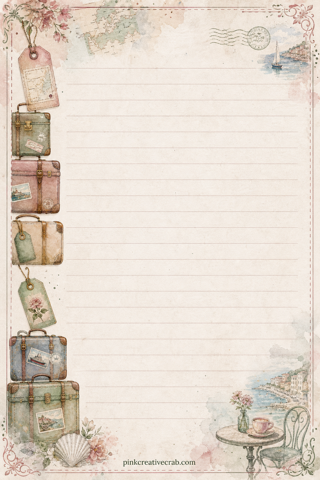 Itinerary Lined Page printable page — A thin border of small suitcases and luggage tags frames ruled lines down one side. Travel junk journal