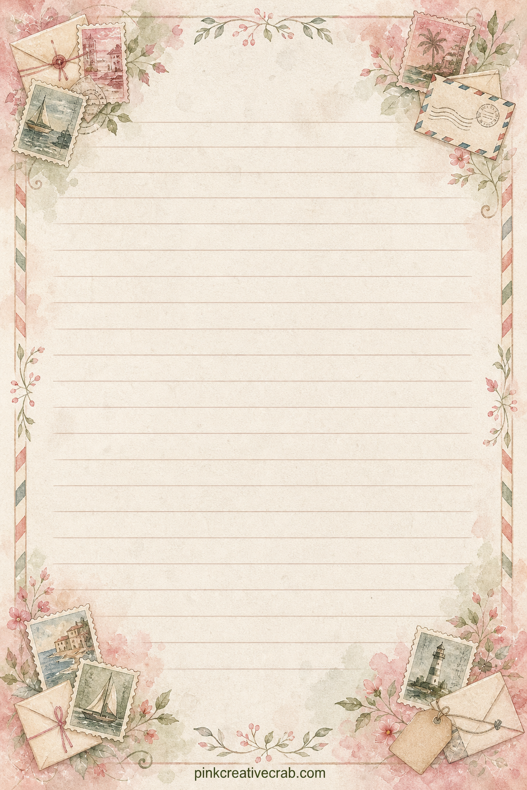 Postcard Address Lined Page printable page — Corner sprays of small stamps and envelopes frame the ruled lines. Travel junk journal